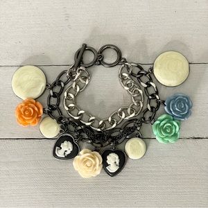 Cameos & Roses Two Tone Chain Link Charm Bracelet